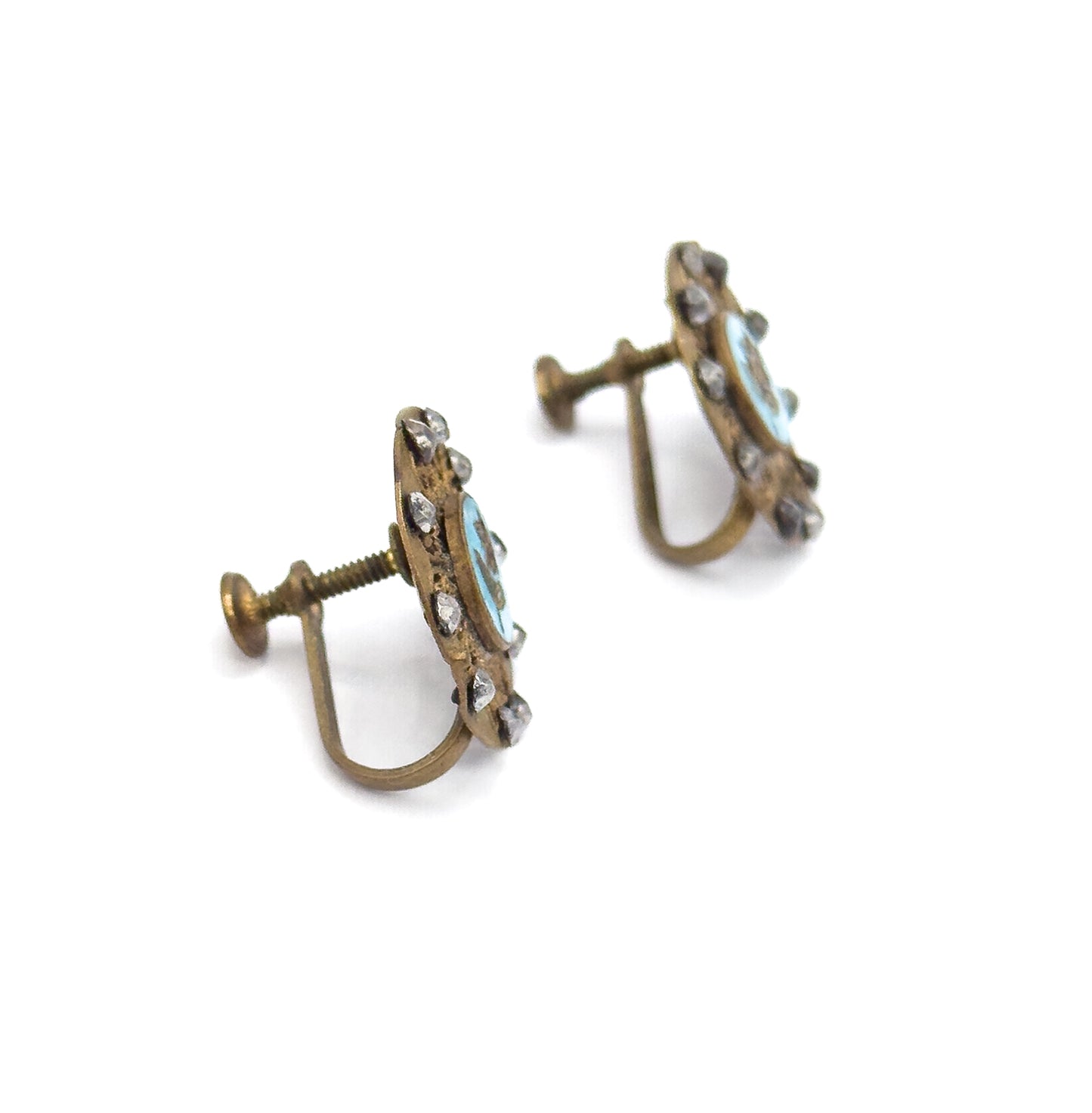 Antique Enamel & Cut Steel Screw Back Flower Earrings