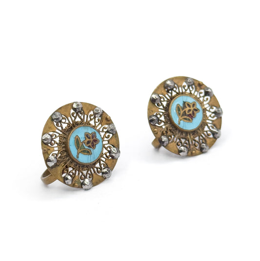 Antique Enamel & Cut Steel Screw Back Flower Earrings