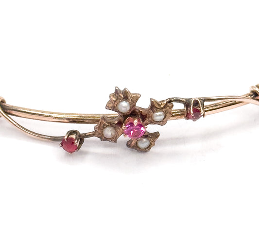 Victorian Seed Pearl & Created Ruby Floral Bracelet in Gold Fill