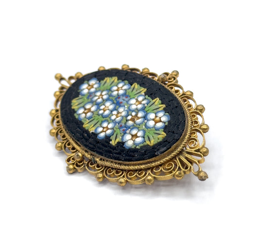Vintage Micromosaic Forget-Me-Not Brooch in Gold Tone Metal - Costume
