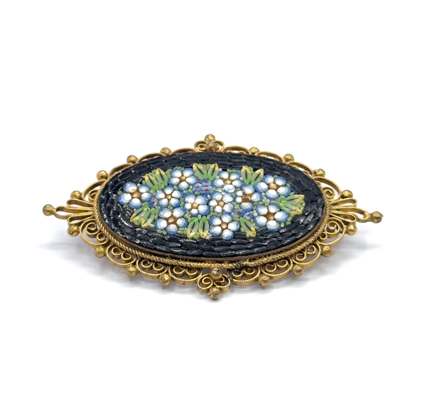 Vintage Micromosaic Forget-Me-Not Brooch in Gold Tone Metal - Costume