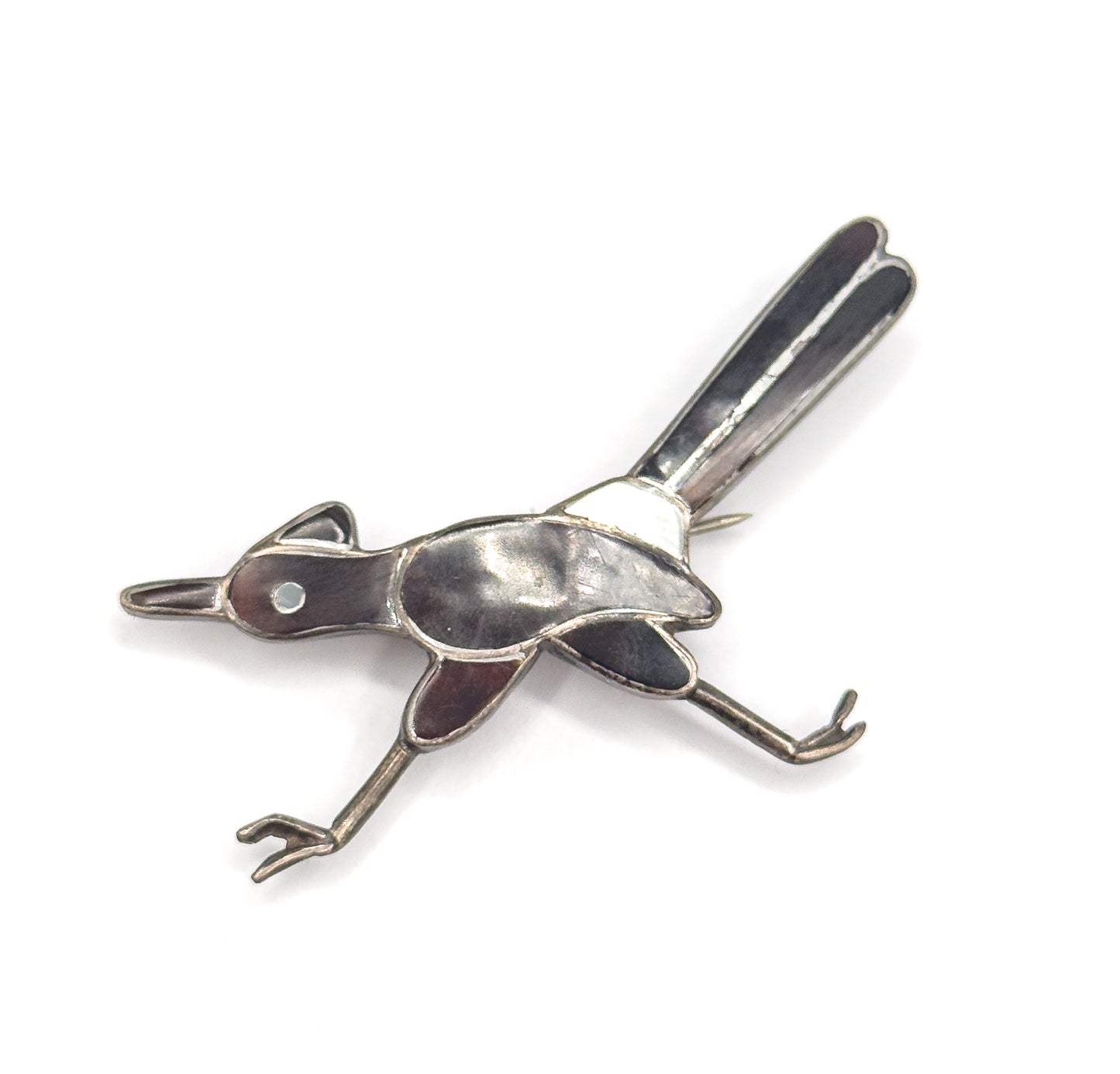 Native American Mother of Pearl & Tortoiseshell Roadrunner Bird Brooch in Silver