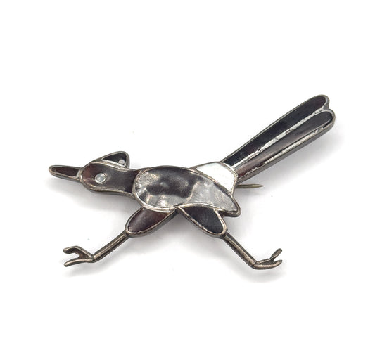 Native American Mother of Pearl & Tortoiseshell Roadrunner Bird Brooch in Silver