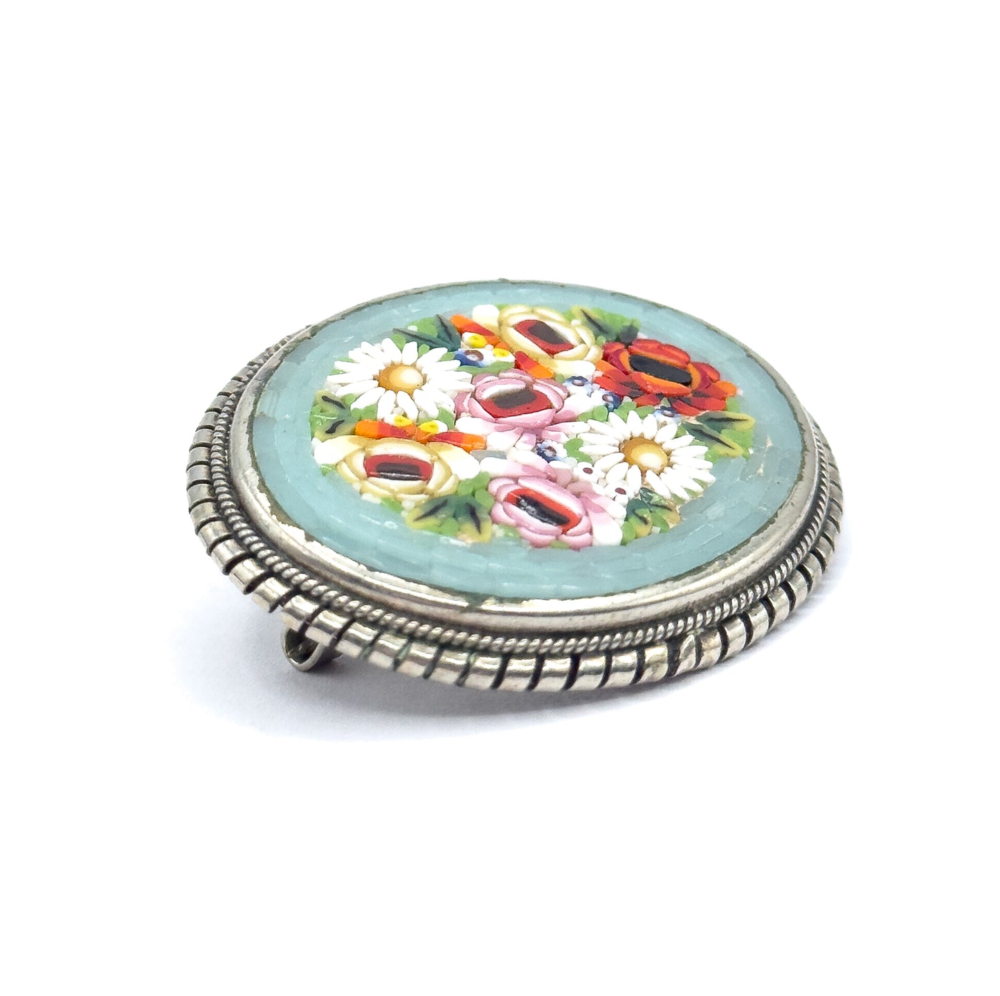 Floral Micromosaic Brooch in Silver Tone Metal