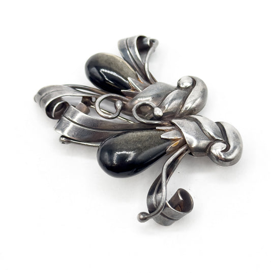 Mid Century Retro Era Mexican Brooch with Golden Sheen Obsidian
