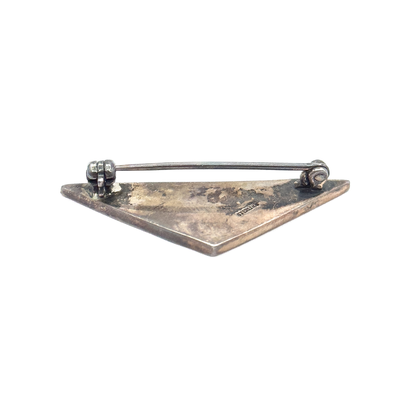 Art Deco Black Onyx & Marcasite Triangle Brooch in Sterling Silver