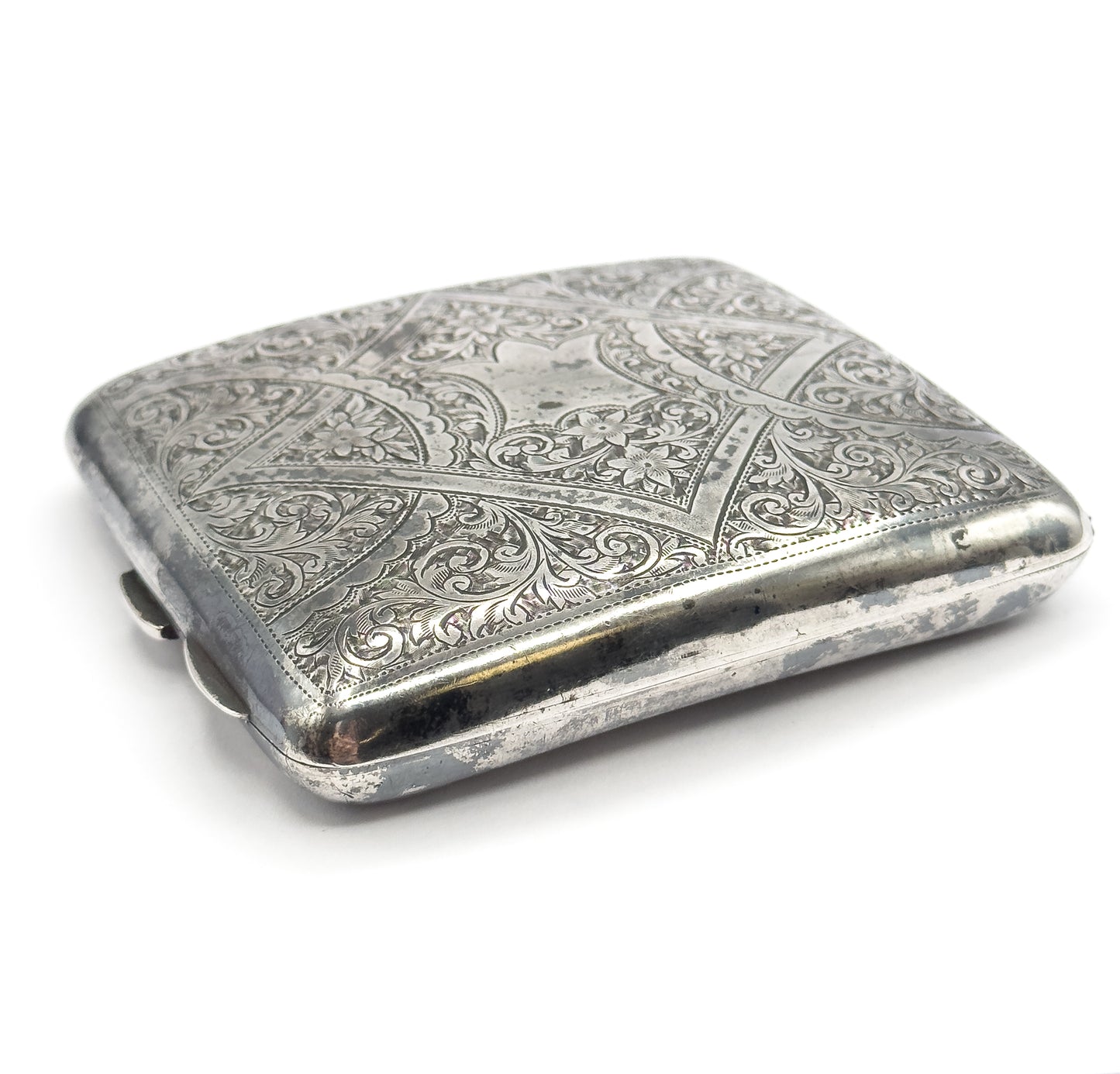 The closed case angled from the opposite side, with the hinge knuckles running along the left edge.