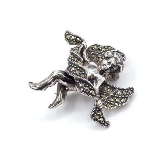 Vintage Judith jack Marcasite Cupid Brooch in Sterling Silver