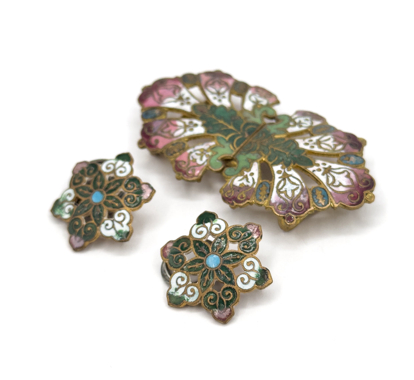Antique Champleve Enamel Buckle & Button Set
