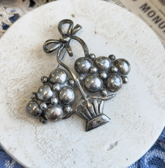 Mid-Century Silver Flower Basket Brooch with Bow