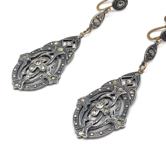 Art Deco Gothic Marcasite Drop earrings in Sterling