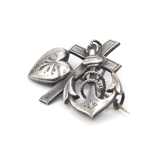 Victorian Faith Love Hope Brooch in Silver