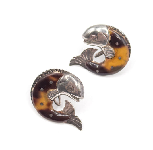 Mid-Century WIlliam Spratling Tortoiseshell Fish Earrings in Silver
