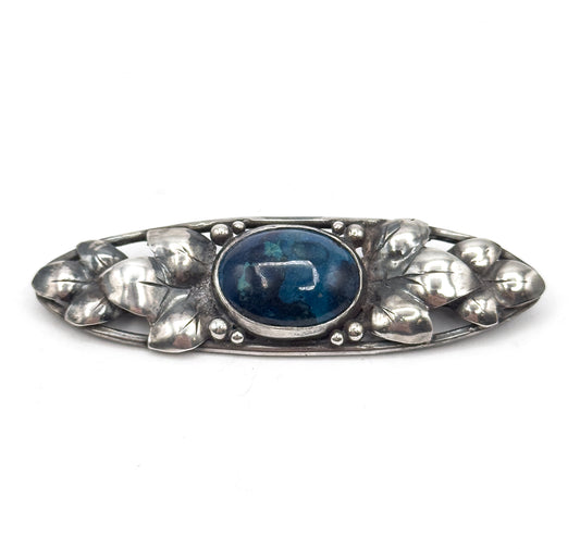 Arts & Crafts Blue Cabochon Hand Made Brooch in Silver