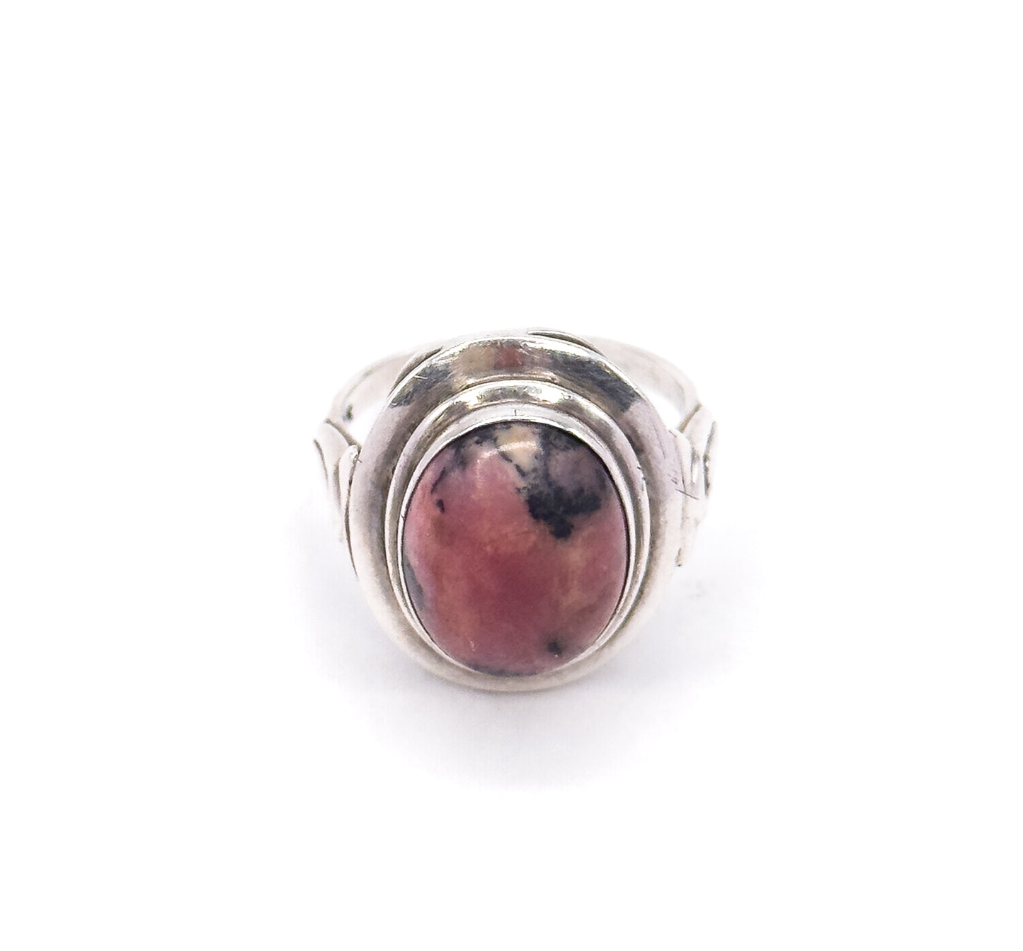 Cool Mid Century Rhodonite Cabochon Ring in Silver