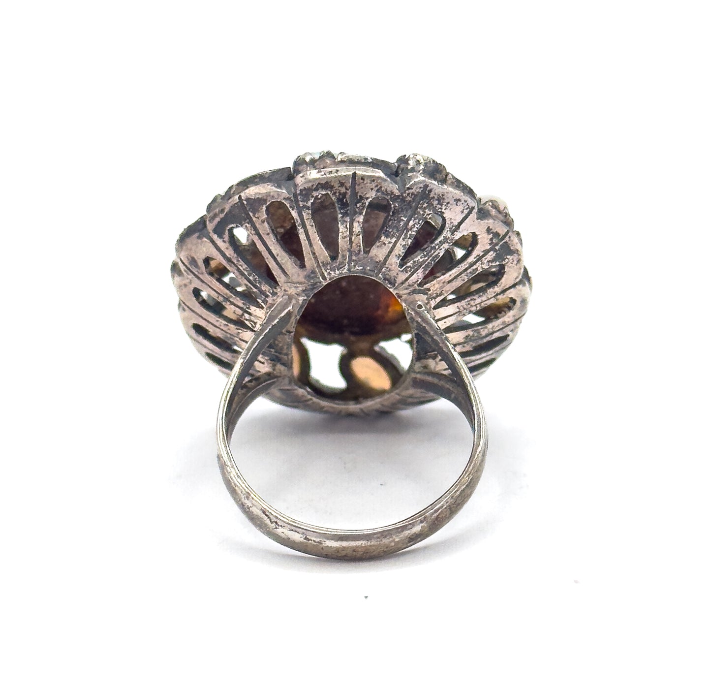 Mid-Century Fire Agate & Opal Halo Artisan Ring in Sterling Silver