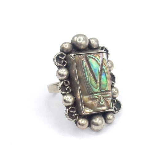 Late 20th Century Abalone Carved Mask Ring in Mexican Sterling Silver