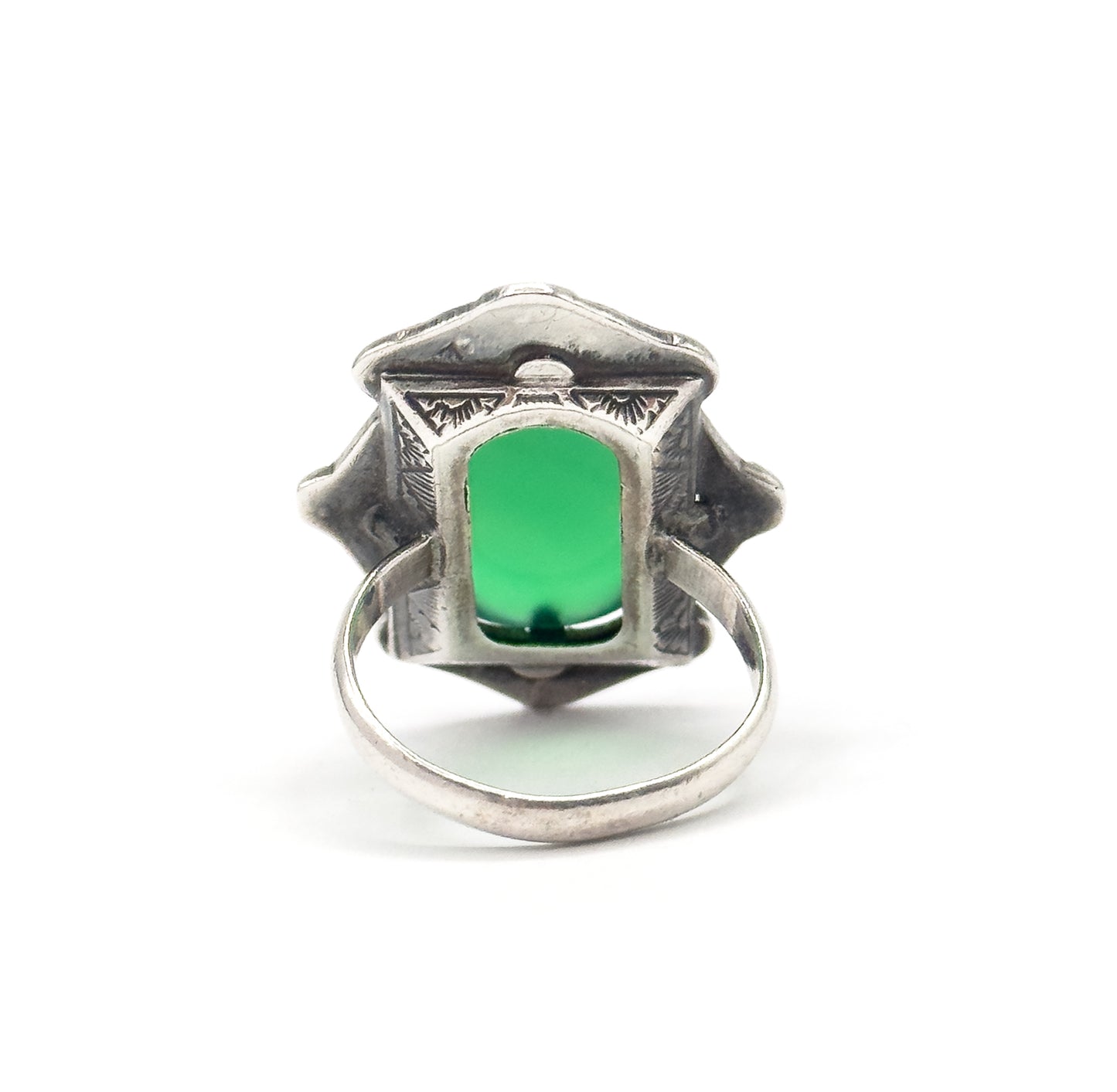 Art Deco Green Onyx & Marcasite Shield Ring in Sterling Silver