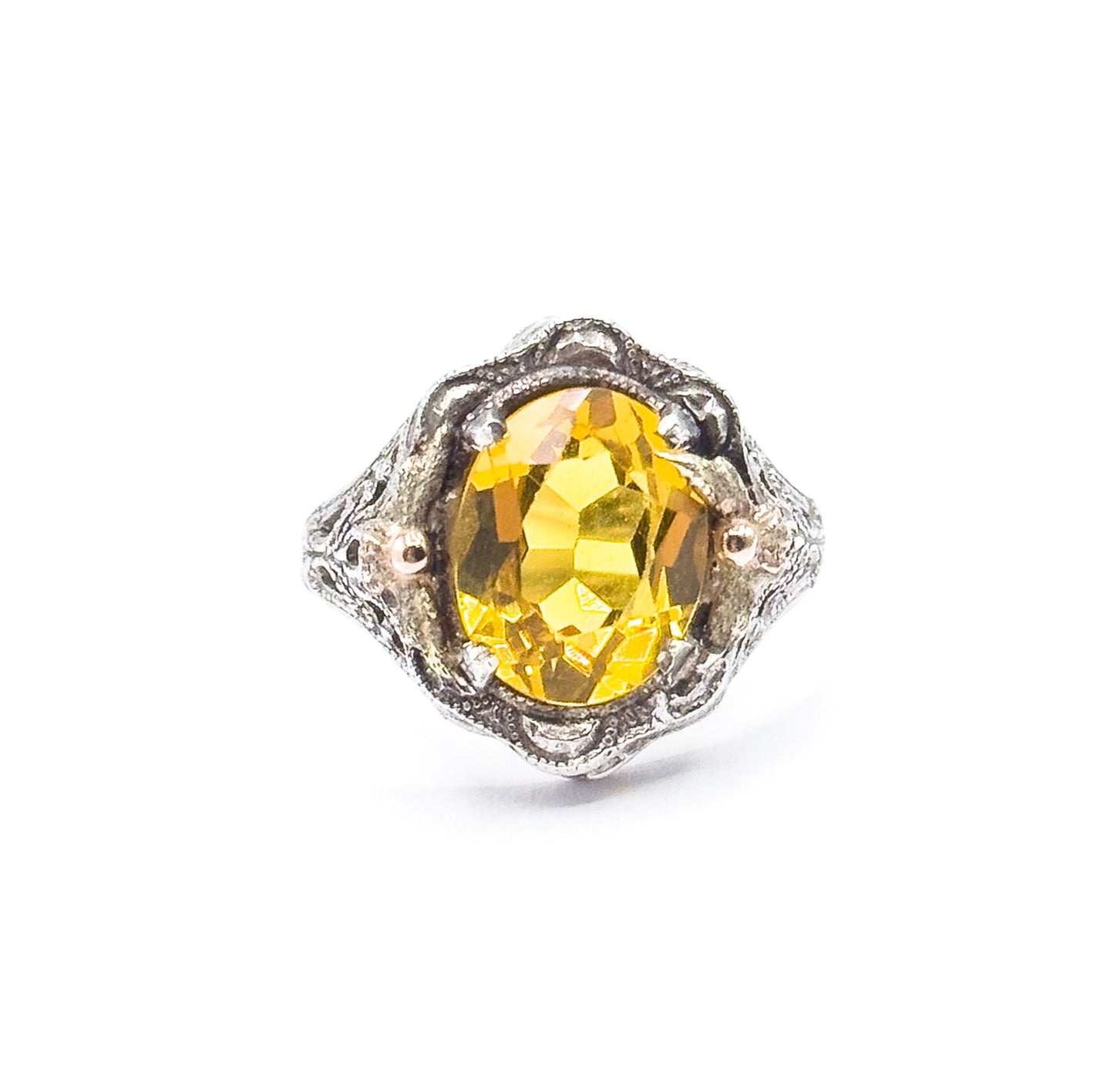 Mid-Century Golden Yellow Glass Ring in Sterling Silver