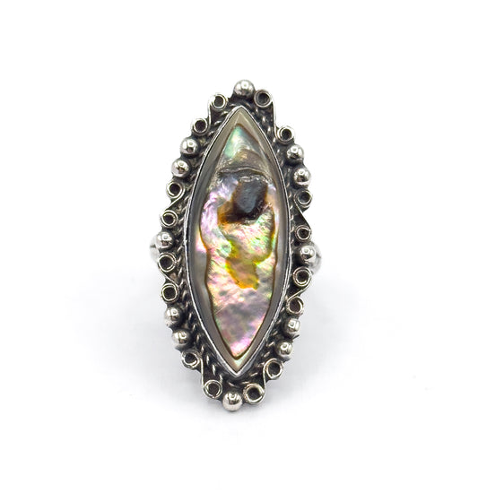 Mid-Century Mother of Pearl Marquise Ring in Sterling Silver