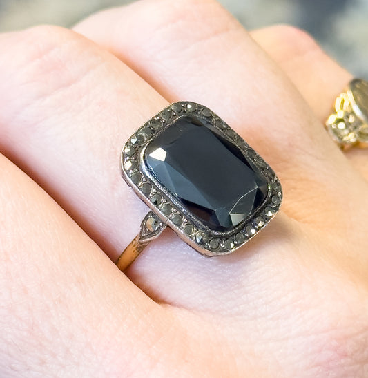 Art Deco Hematite & Marcasite Ring in Sterling Silver with gold shank, As found