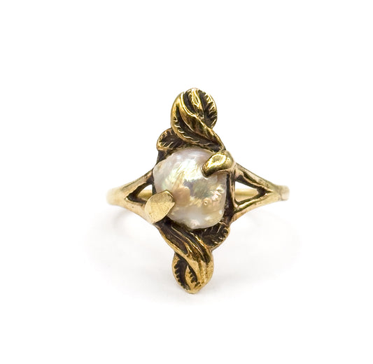 Art Nouveau Baroque Pearl Ring in 14K Yellow Gold