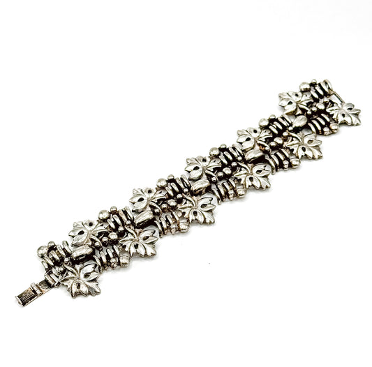 Mid-Century Wide Chunky Grape Leaf Textured Bracelet in Silver