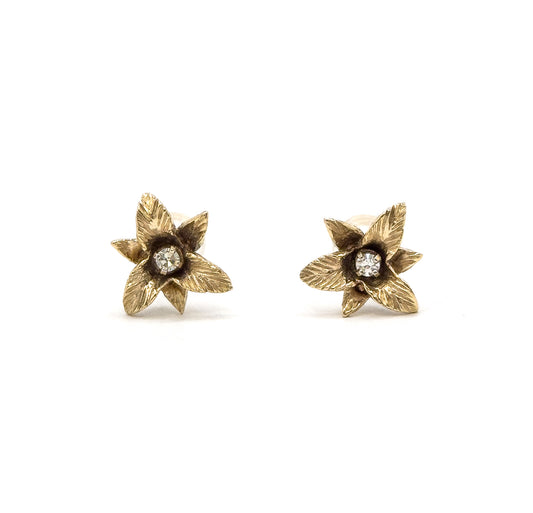 Vintage Diamond Trillium Flower Earrings in 14K Gold