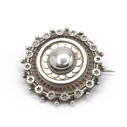 Victorian Aesthetic Period Brooch with Star Details in Silver