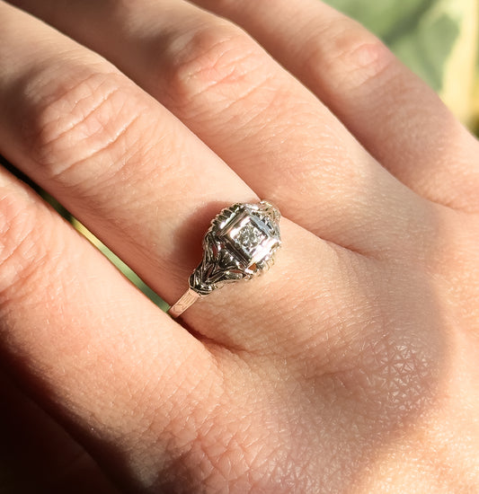 Art Deco Diamond Solitaire Ring in 18K White Gold