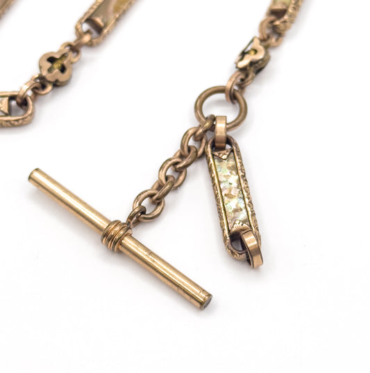 Victorian Abalone T-Bar Watch Chain compentent with Quatrefoil Detail