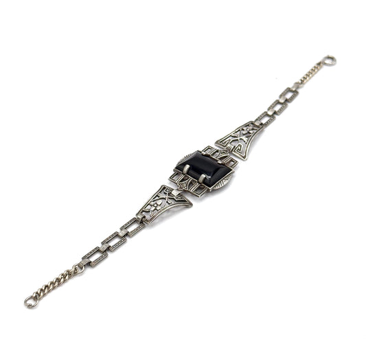 Art Deco Black Onyx & Marcasite Bracelet in Sterling Silver