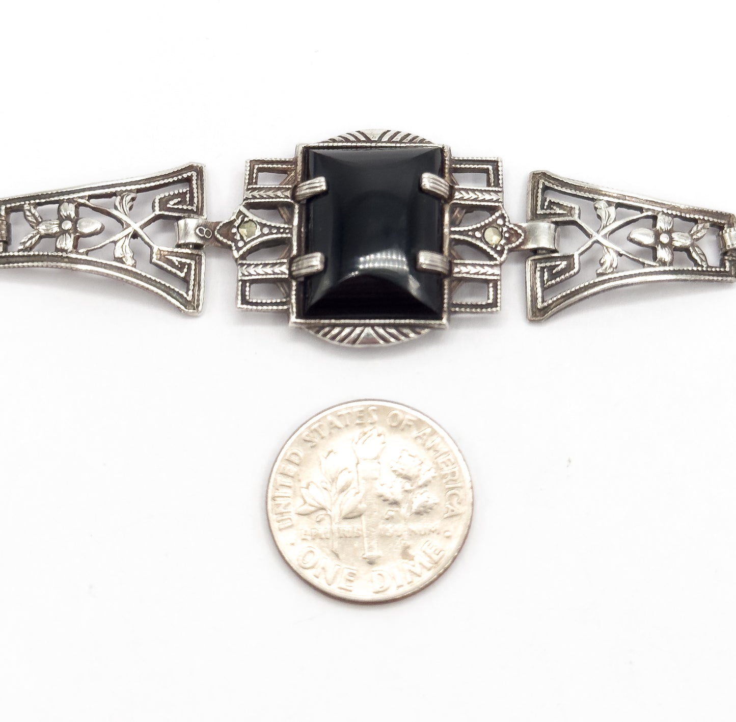 Art Deco Black Onyx & Marcasite Bracelet in Sterling Silver
