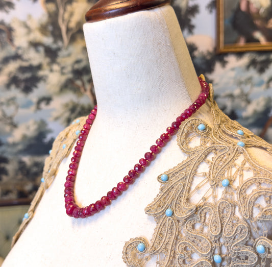 Vintage Ruby Rondelle Bead Necklace in 14K Yellow Gold