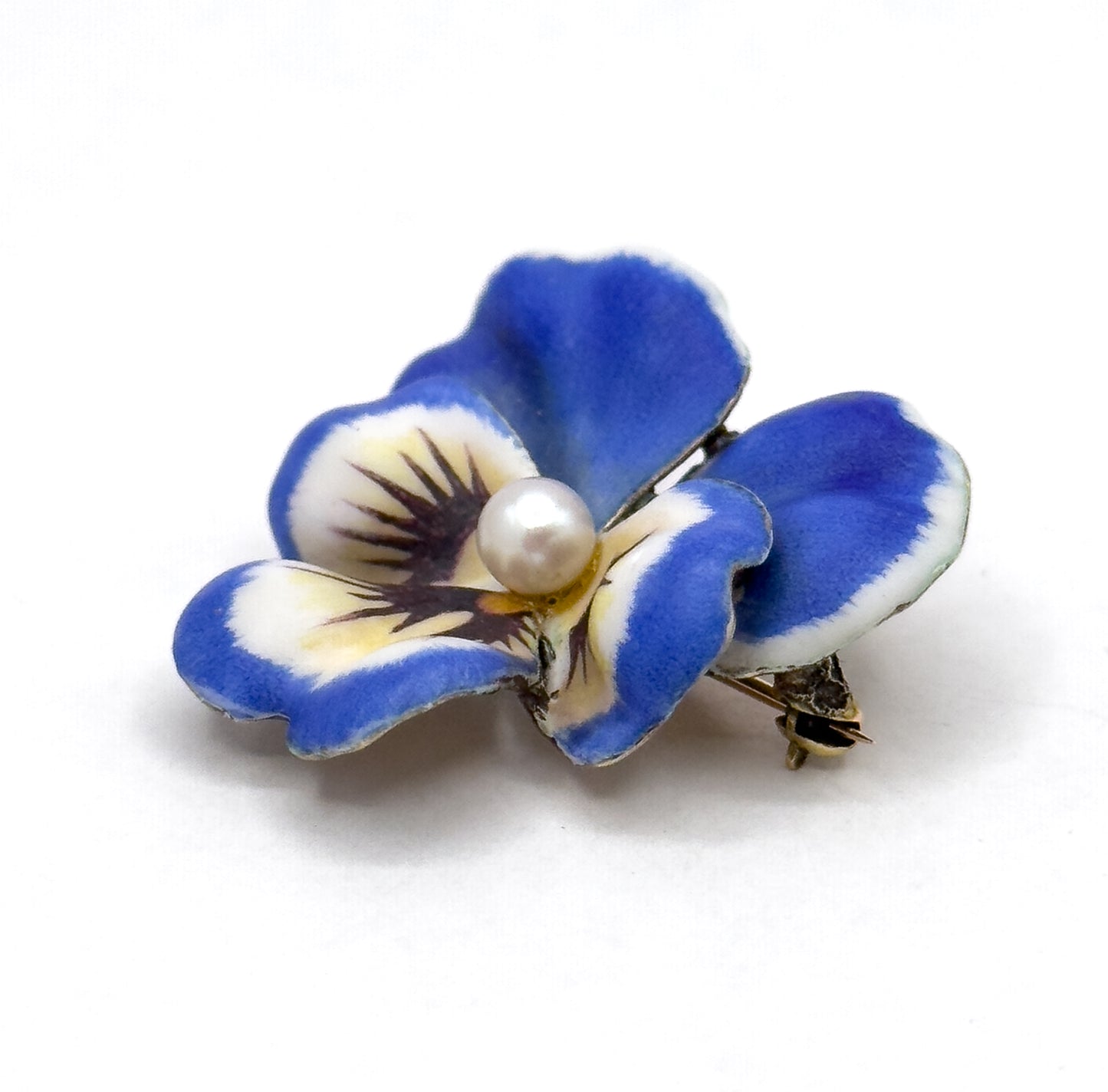 Antique Blue/Puprle Pansy Brooch in 14K Yellow Gold with pearl