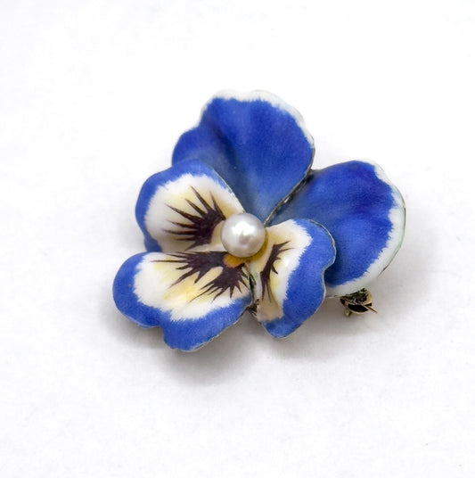 Antique Blue/Puprle Pansy Brooch in 14K Yellow Gold with pearl