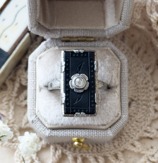 Late Art Deco Onyx & Old European Cut Diamond Ring in 18K White Gold