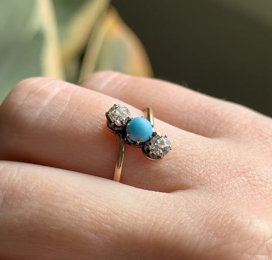 Victorian Old European Cut Diamond & Glass Ring in Gold