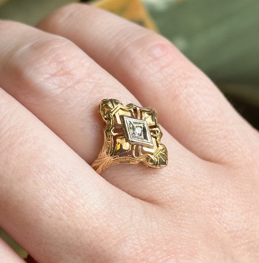 Vintage Openwork Diamond Shield Ring in 14K Gold