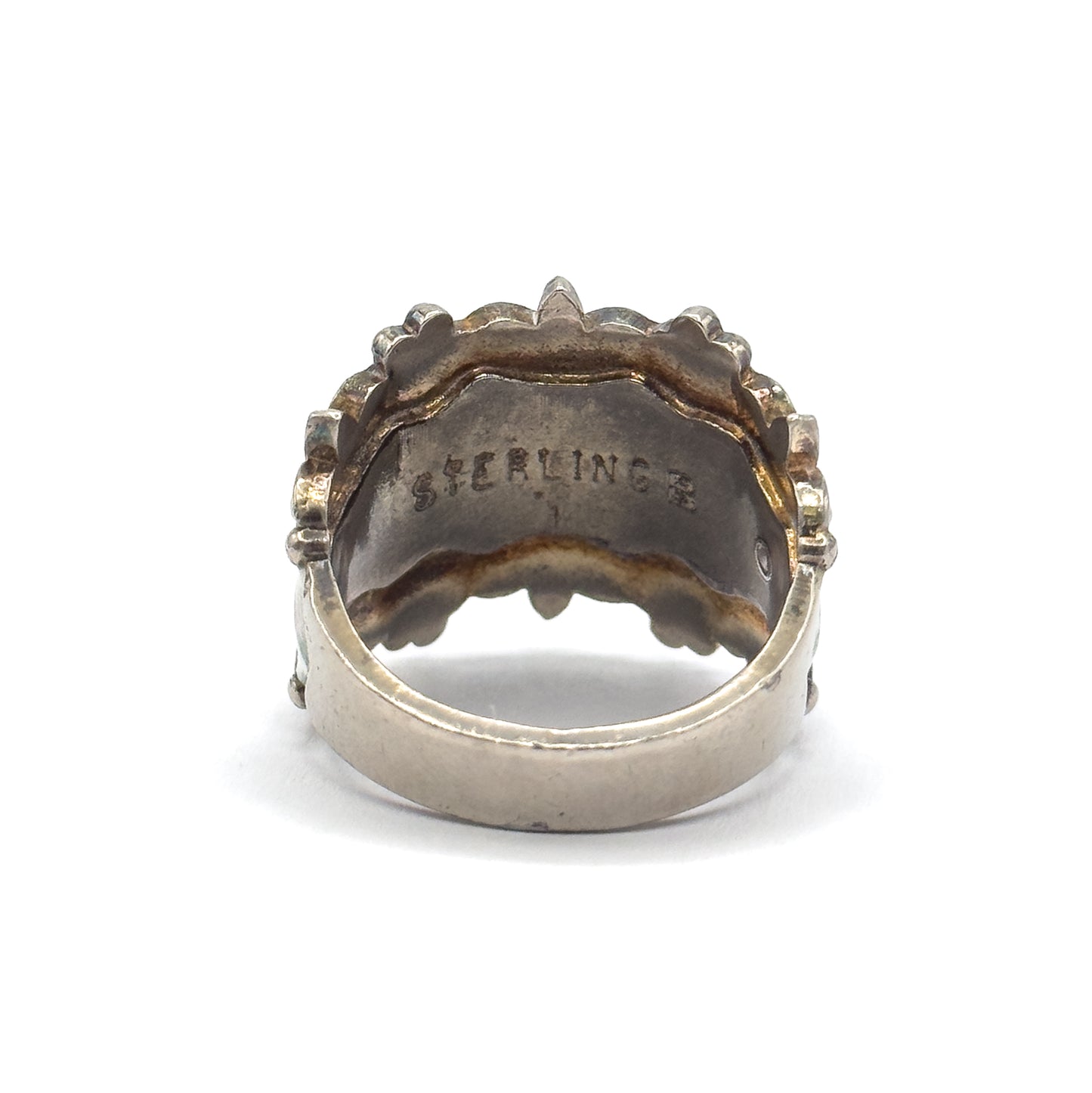 Mid-Century Floral Enamel Cigar Band Ring in Sterling Silver