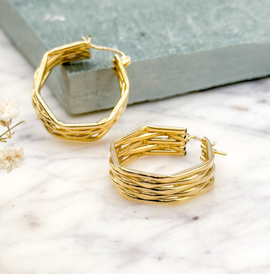 Vintage 14K Gold Hoop Earrings: Textured Bamboo Style