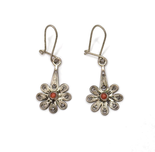 Vintage Flower Filigree Drop Earrings with Red Coral cabochon stamped 800 Silver