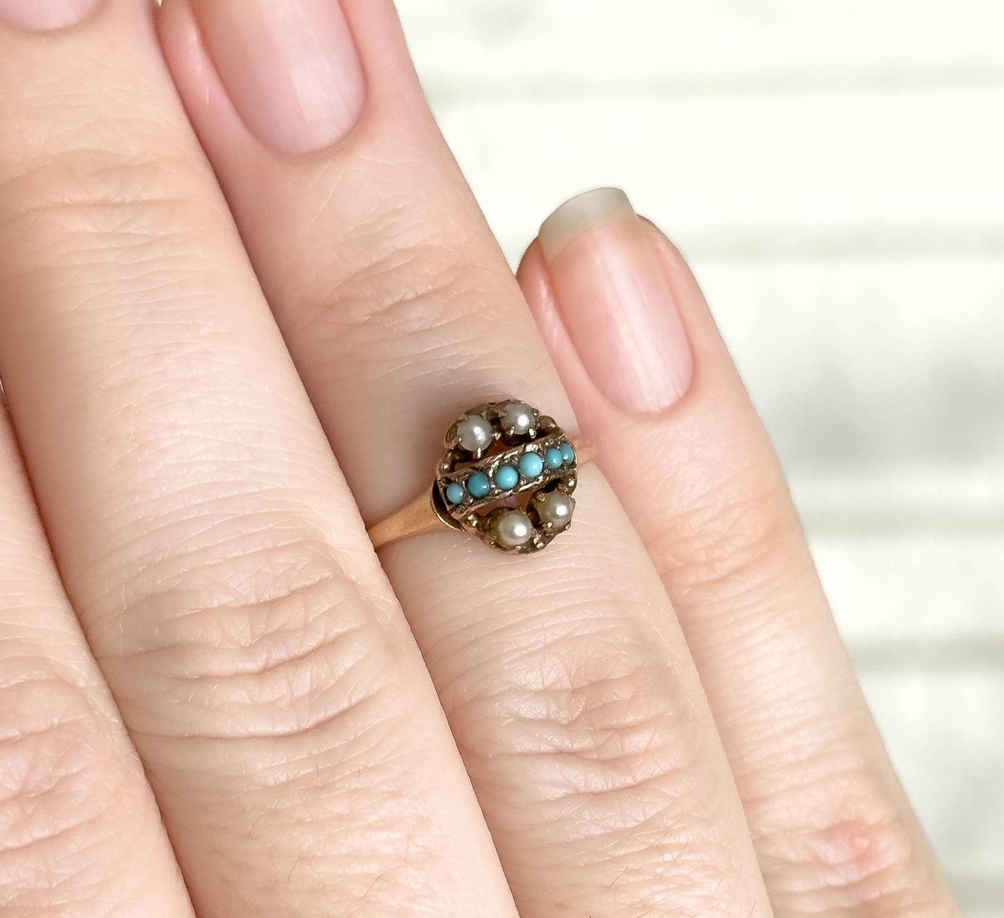 Antique Victorian Turquoise & Seed Pearl Ring in 9K Gold Split Seed Pearl 1800s