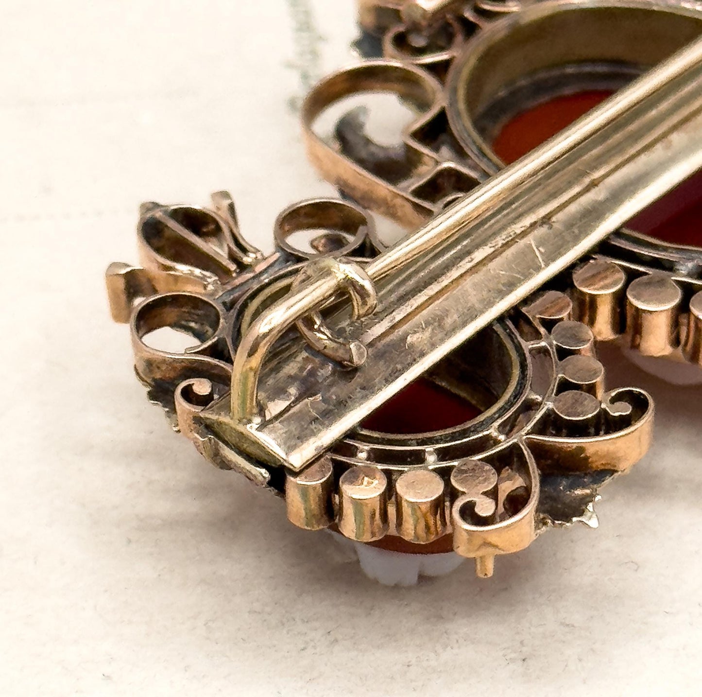 Victorian Cameo Brooch: 12K Rose Gold, Sardonyx, Seed Pearls, Elizabethan Style