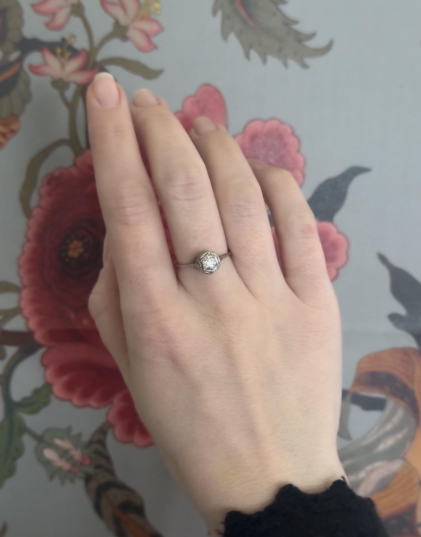 Antique Art Deco Filigree engagement ring in 14K / 10K White Gold Old European Cut