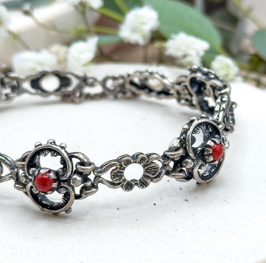Vintage Silver Bracelet with Red Coral Colored Cabochons Vintage 835 European Art Nouveau inspired