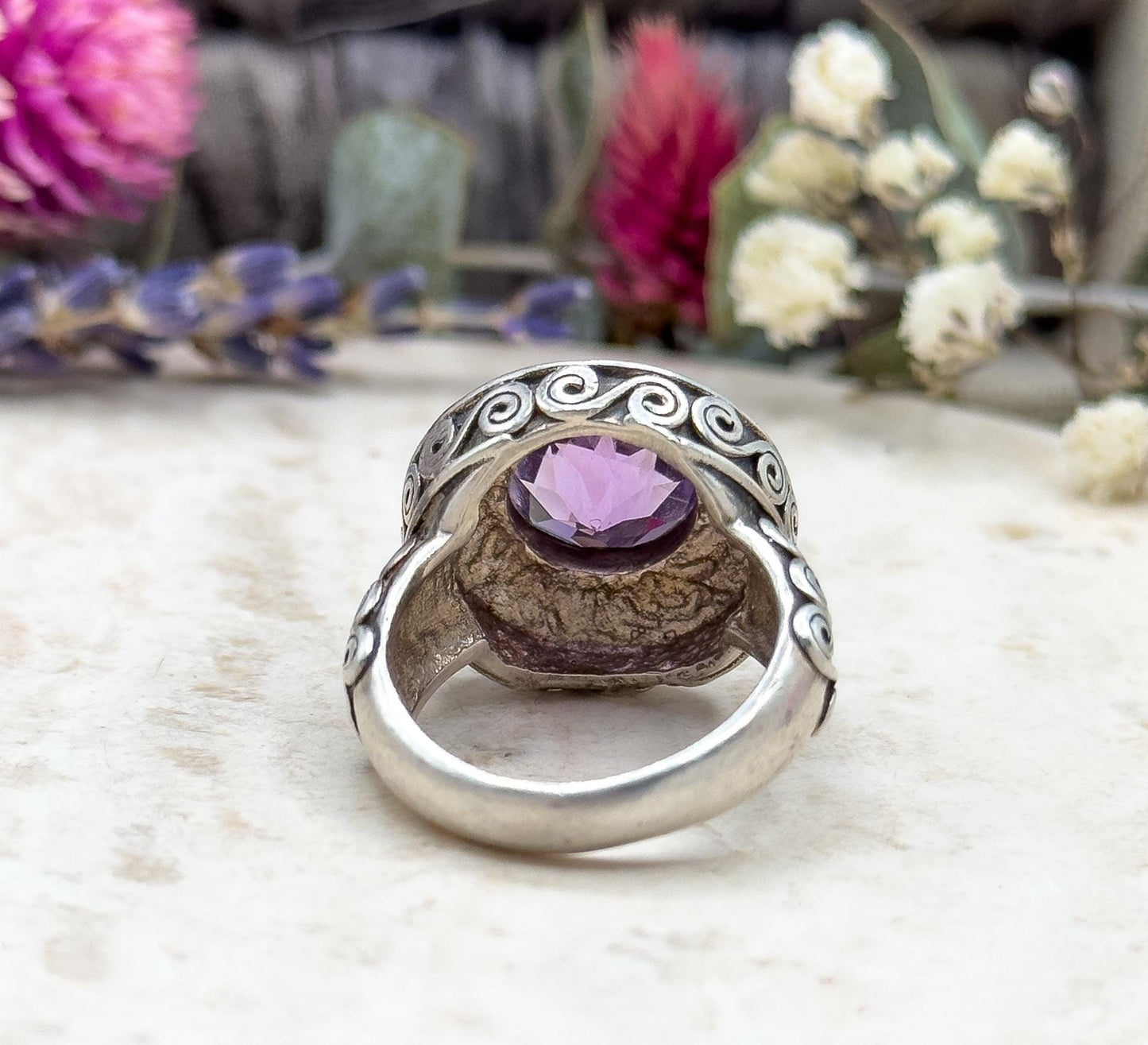 Vintage Checkerboard Amethyst Swirl Design Ring in Sterling Silver Chunky