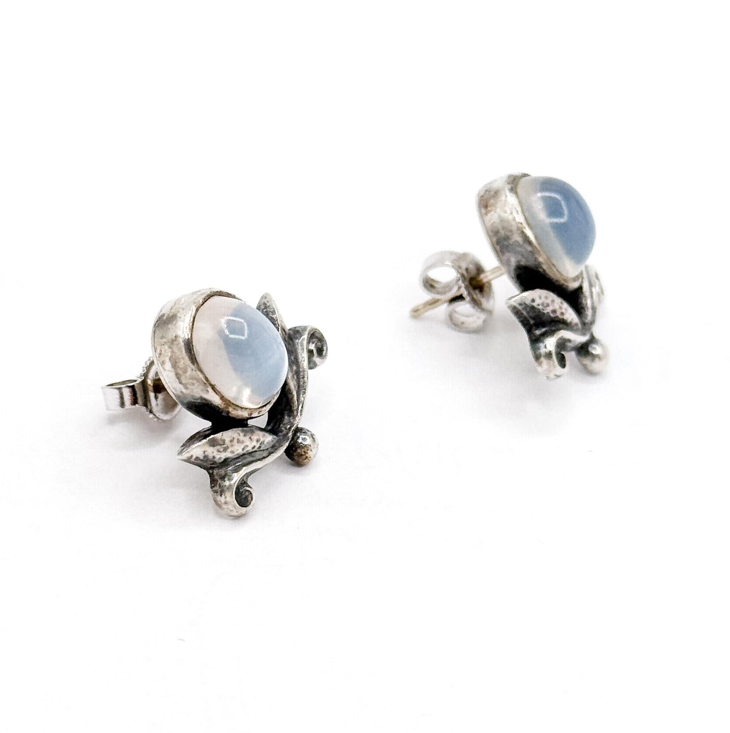Vintage Art Nouveau Moonstone Stud Earrings: Silver Foliate Floral Design