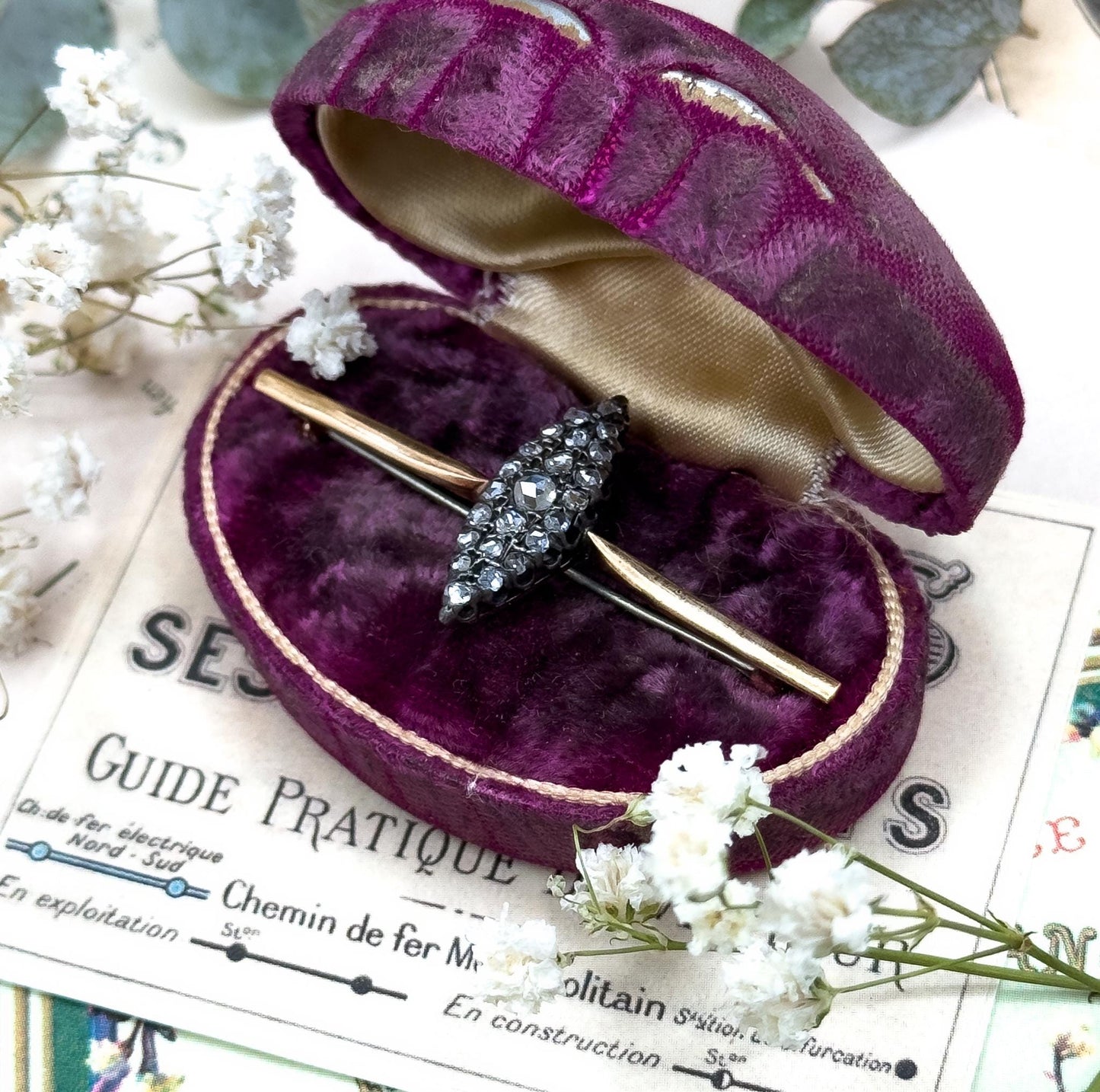 Victorian Rose Cut Diamond Navette Pin Conversion Cobblestone Bar Pin