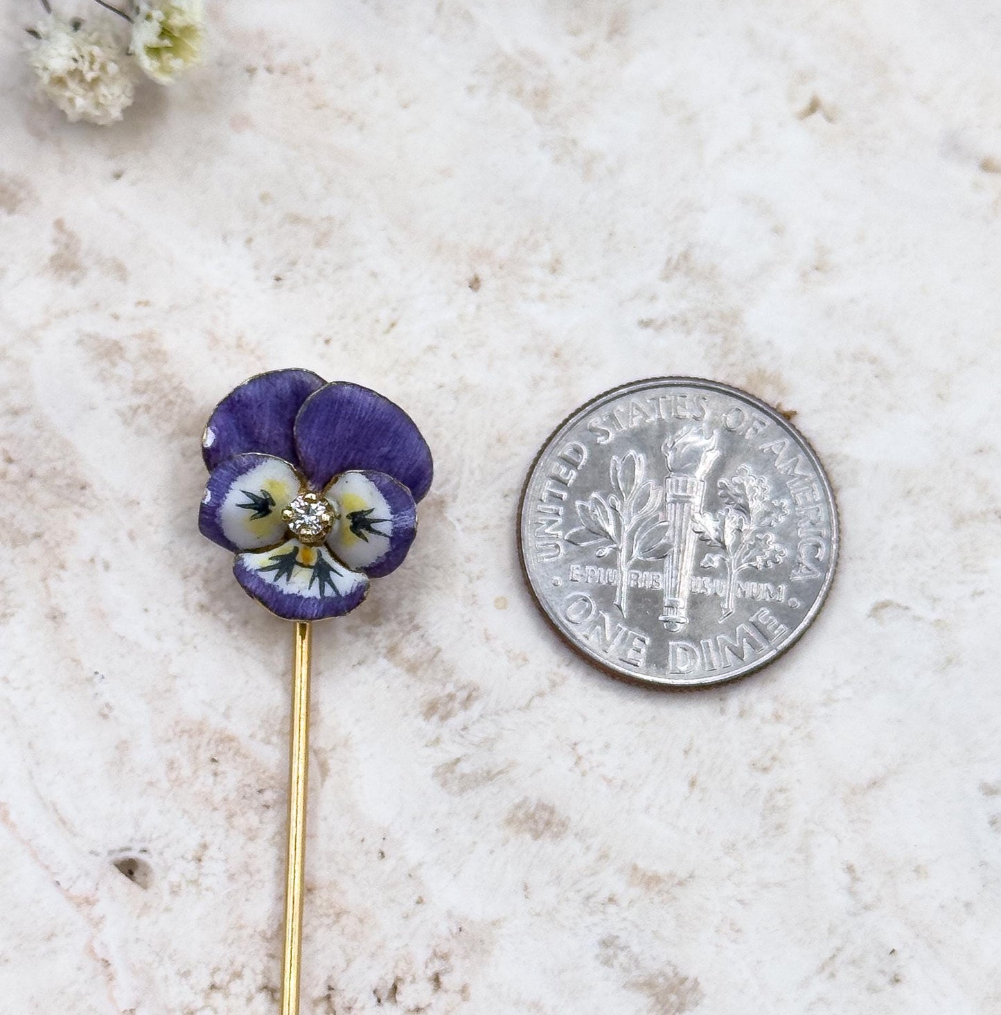 Victorian Pansy Stickpin with Antique Diamond in 14K Yellow Gold Purple Enamel